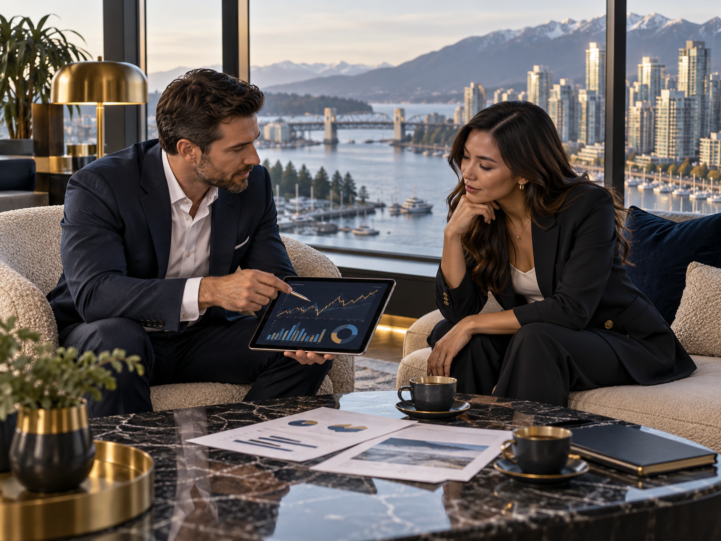 Two professionals discussing market charts in a modern office lounge.