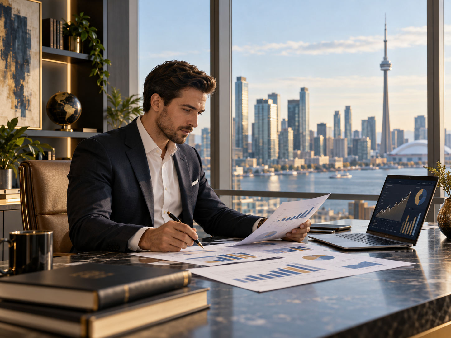 Financial analyst reviewing charts in a modern Toronto office.